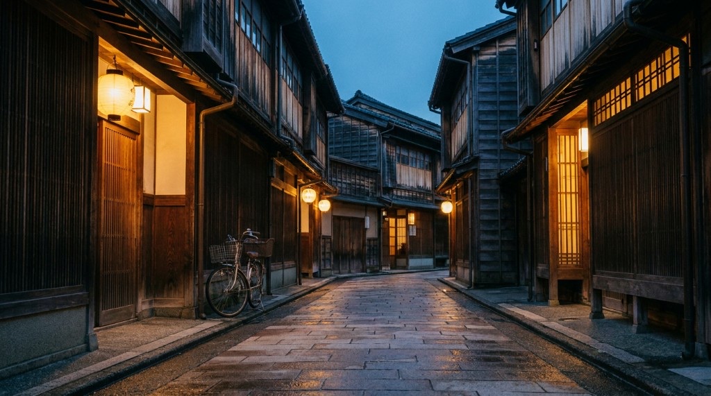 Lantern-lit Japanese street at dusk